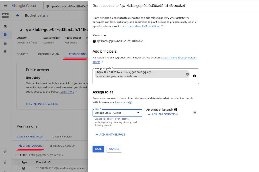 grant access to the Storage Object Admin role
